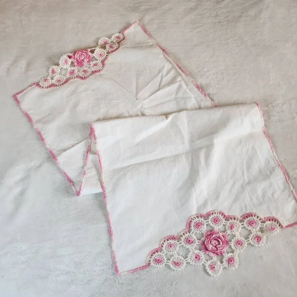 Vintage White Cotton Table Runner With Crocheted Edges